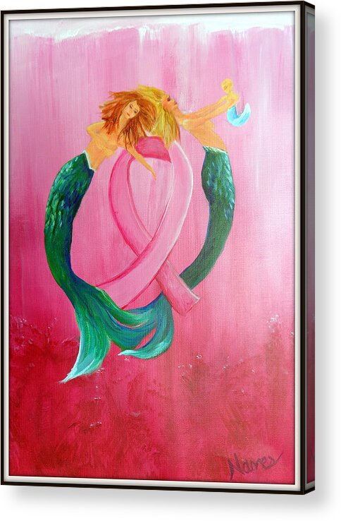 Pink Ocean And Mermaids Acrylic Print featuring the painting Mermaids in Pink by Deborah Naves