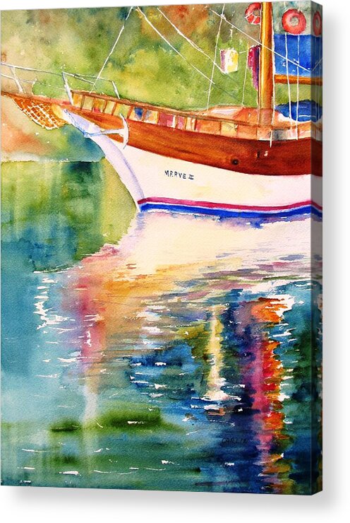 Sailboat Acrylic Print featuring the painting Merve II gulet yacht Reflections by Carlin Blahnik CarlinArtWatercolor