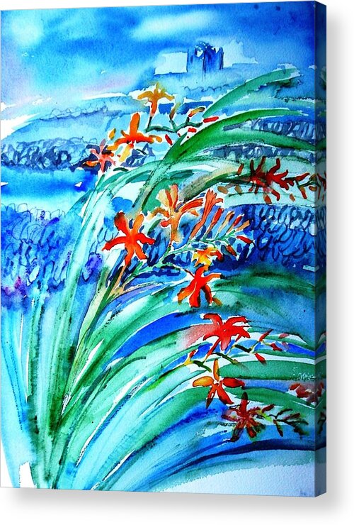 Montbretia Acrylic Print featuring the painting Montbretia on Inisheer by Trudi Doyle