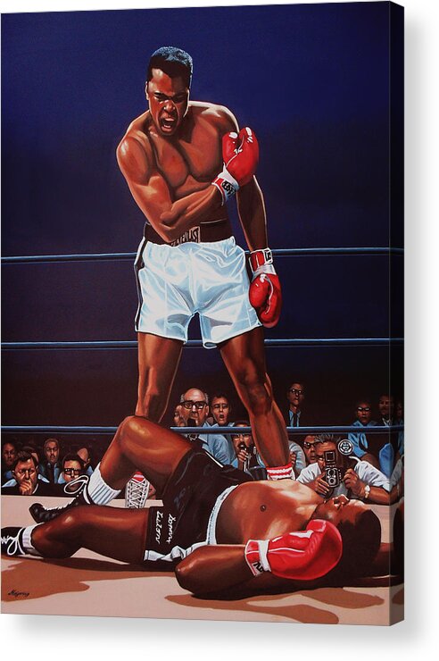 Mohammed Ali Versus Sonny Liston Muhammad Ali Paul Meijering Boxing Boxer Prizefighter Mohammed Ali Ali Sonny Liston Cassius Clay Big Bear The Greatest Boxing Champion The People's Champion The Louisville Lip Knockout Paul Meijering Wbc World Champions Heavyweight Boxing Champions Athlete Icon Portrait Realism Sport Heavyweight Adventure Down Sportsman Hero Painting Canvas Realistic Painting Art Artwork Work Of Art Realistic Art Ring Celebrity Celebrities Acrylic Print featuring the painting Muhammad Ali versus Sonny Liston by Paul Meijering