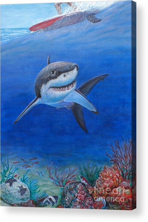 Great White Shark Acrylic Print featuring the painting My Pet Shark by George I Perez