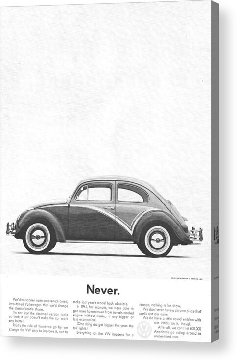 Never Acrylic Print featuring the digital art Never - VW Beetle Advert 1962 by Georgia Clare