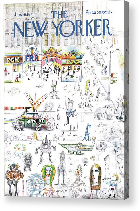 Saul Steinberg 50095 Steinbergattny Acrylic Print featuring the painting New Yorker January 16th, 1971 by Saul Steinberg