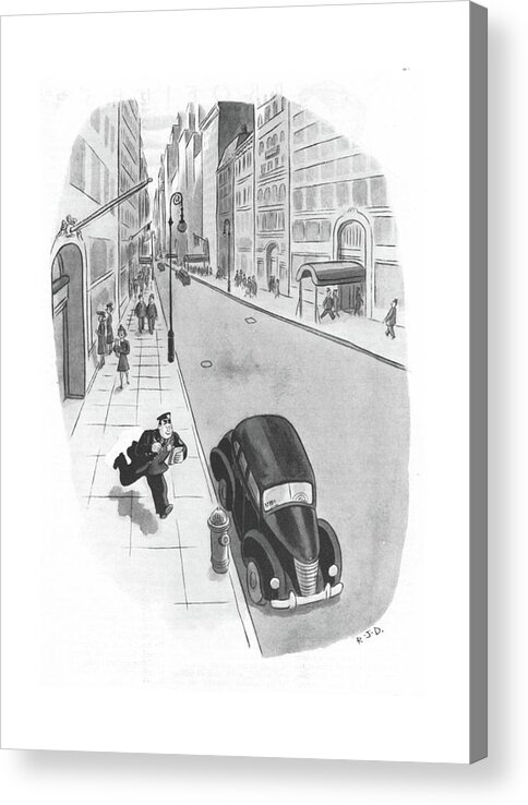113388 Rda Robert J. Day Policeman Runs To Ticket Only Car In The Street. Action Arrest Car Cop Cops Enforcement ?re Hydrant Law Nypd Only Police Policeman Policemen Runs Street Ticket Ticketing Traf?c Acrylic Print featuring the drawing New Yorker June 3rd, 1944 by Robert J. Day