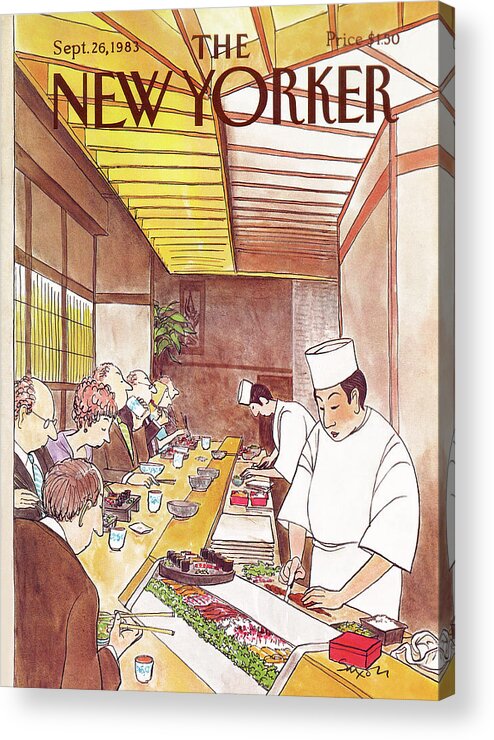 (japanese Chefs Prepare Dinners At Sushi Bar For Seated Customers.) Dining High Class Foreign Japan Sashimi Restaurants Charles Saxon Csa Artkey 46217 Acrylic Print featuring the painting New Yorker September 26th, 1983 by Charles Saxon