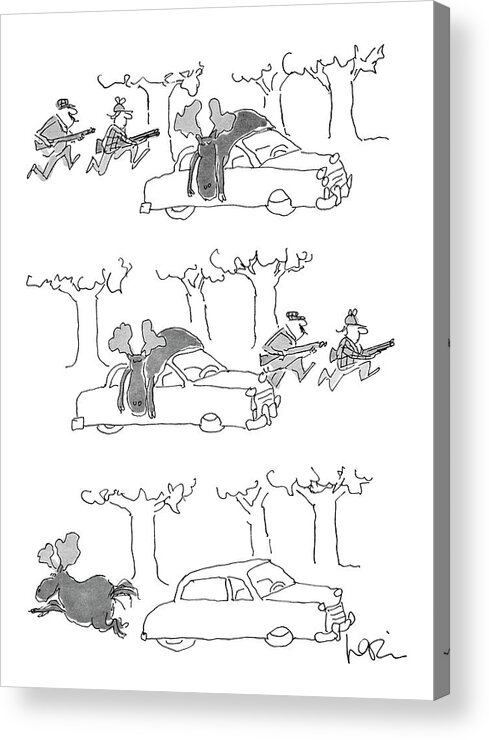 (series(3). Moose Lies On Car Roof. Hunters Rush Into Woods. Moose Runs Away.)animals Acrylic Print featuring the drawing No Caption by Arnie Levin