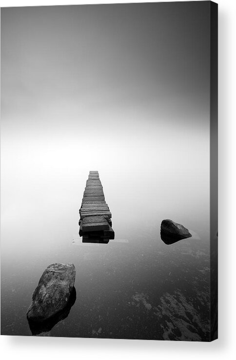 Loch Ard Acrylic Print featuring the photograph Old Jetty in the mist by Grant Glendinning