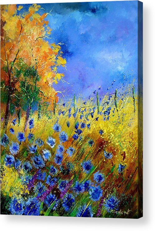 Poppies Acrylic Print featuring the painting Orange tree and blue cornflowers by Pol Ledent