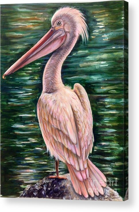 Bird Acrylic Print featuring the painting Pink pelican by Katerina Kovatcheva