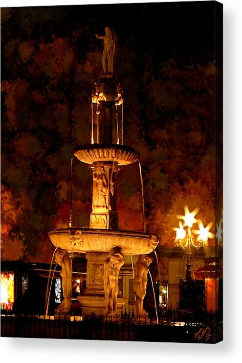 Night Acrylic Print featuring the painting Plaza de Bib-Rambla Fountain in Granada Spain by Bruce Nutting