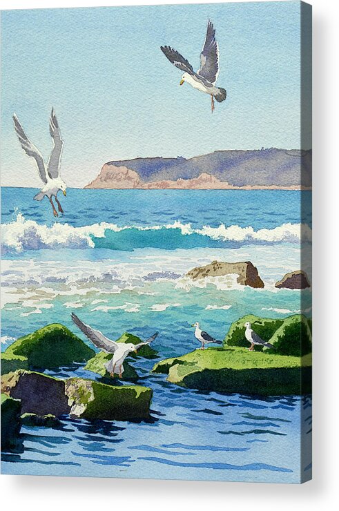 Point Loma Acrylic Print featuring the painting Point Loma Rocks Waves and Seagulls by Mary Helmreich