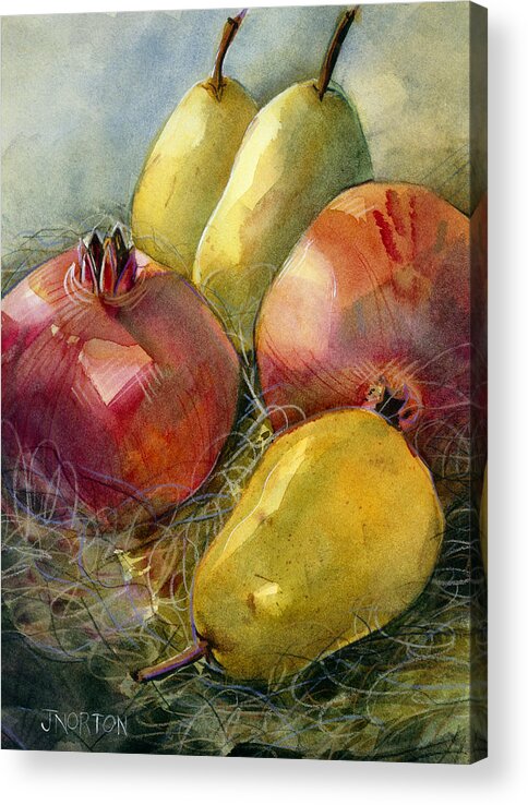 Jen Norton Acrylic Print featuring the painting Pomegranates and Pears by Jen Norton