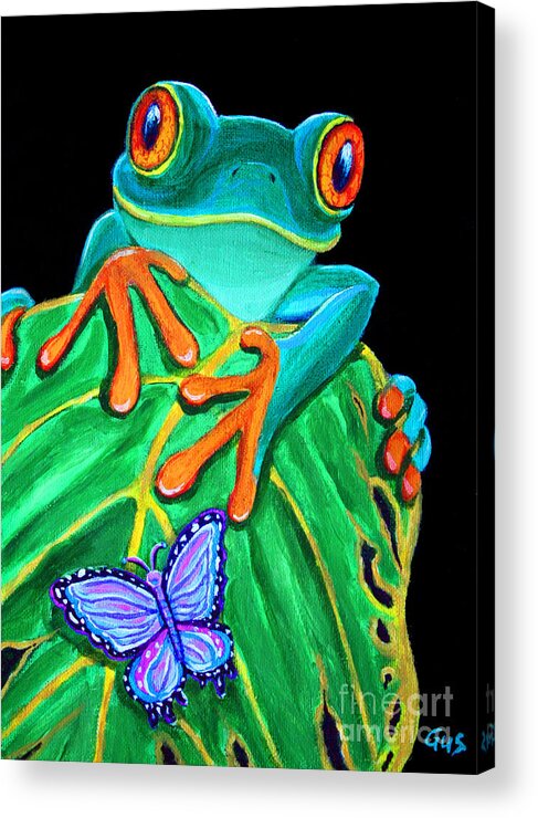 Red Eyed Tree Frog Acrylic Print featuring the painting Red-eyed tree frog and butterfly by Nick Gustafson