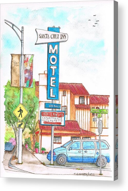 Outdoors Acrylic Print featuring the painting Santa Cruz Inn Motel in Riverside - California by Carlos G Groppa
