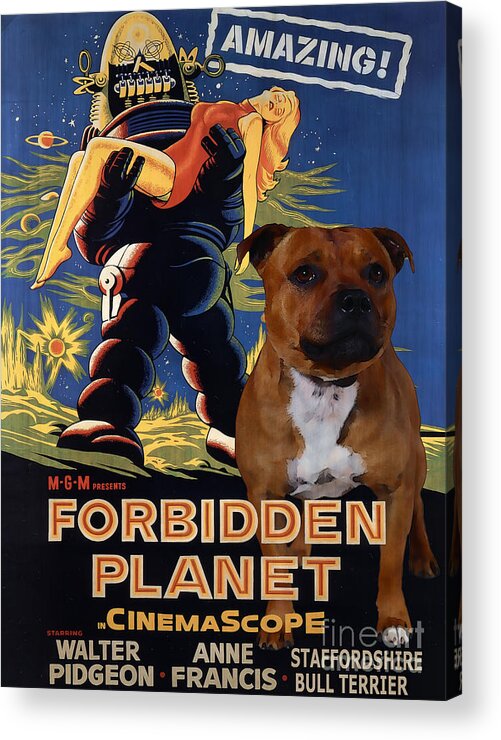 Staffordshire Bull Terrier Acrylic Print featuring the painting Staffordshire Bull Terrier Art Canvas Print - Forbidden Planet Movie Poster by Sandra Sij