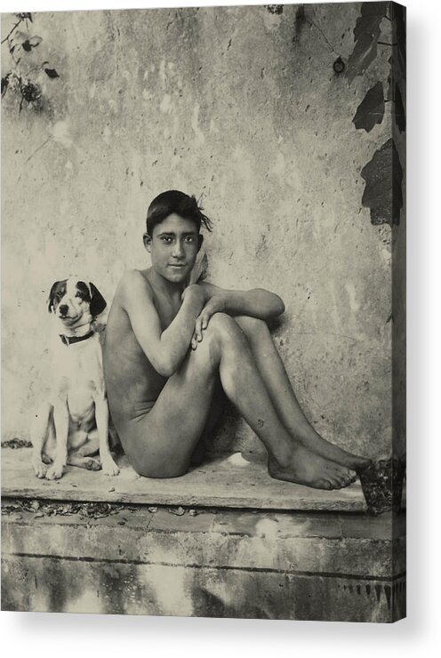Gloeden Acrylic Print featuring the photograph Study of a Nude Boy with Dog by Wilhelm von Gloeden