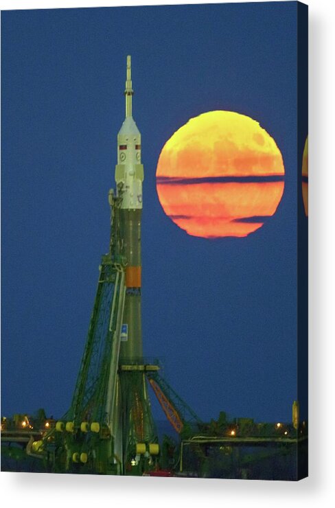 Moon Acrylic Print featuring the photograph Supermoon And Soyuz Rocket At Baikonur by Nasa/bill Ingalls/science Photo Library
