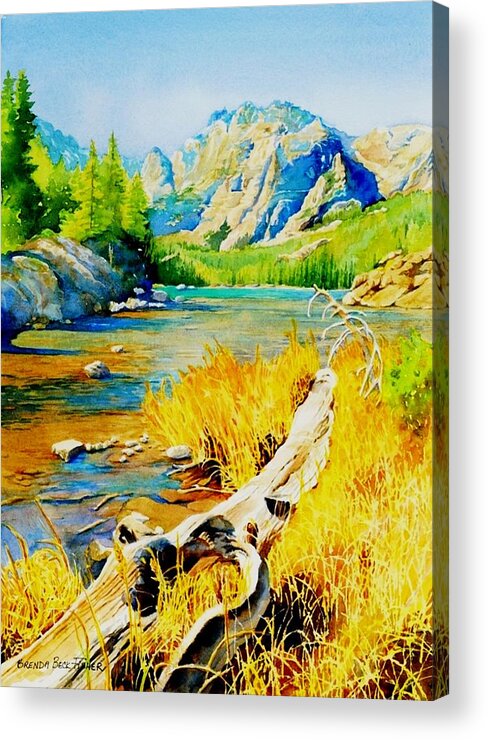 Landscape Of A Colorado Mountain River Scene. The Clear River Reflects The Yellow Acrylic Print featuring the painting The Loch by Brenda Beck Fisher