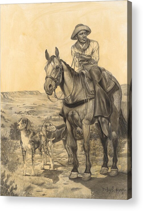 Black Cowboy Acrylic Print featuring the drawing The Wrangler by Howard DUBOIS