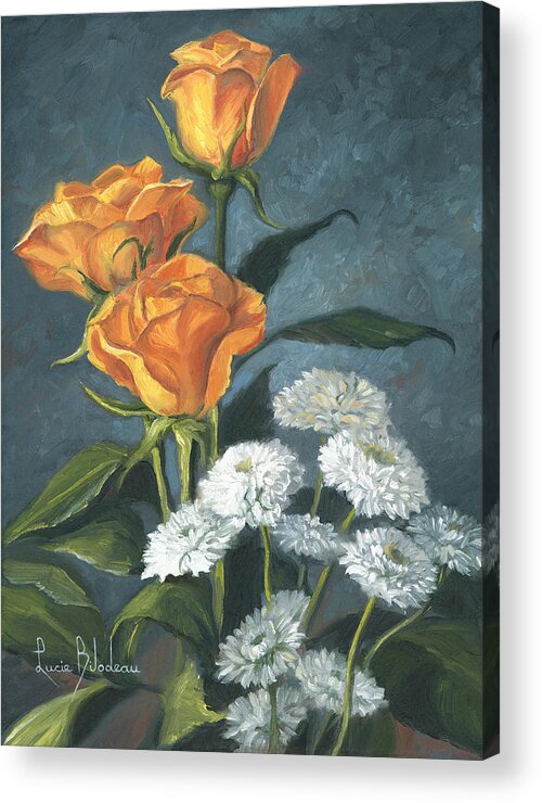 Flower Acrylic Print featuring the painting Three Roses by Lucie Bilodeau