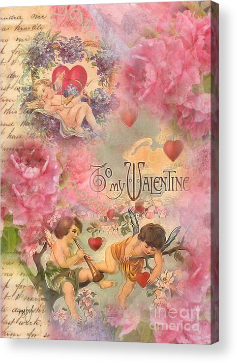 Art;vintage;valentine;cupid;flowers;love;romance;digital Art;digital Collage;unique;one Of A Kind Acrylic Print featuring the digital art To My Valentine by Ruby Cross