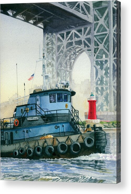 George Washington Bridge Acrylic Print featuring the painting Tugboat and the Little Red Lighthouse by Marguerite Chadwick-Juner