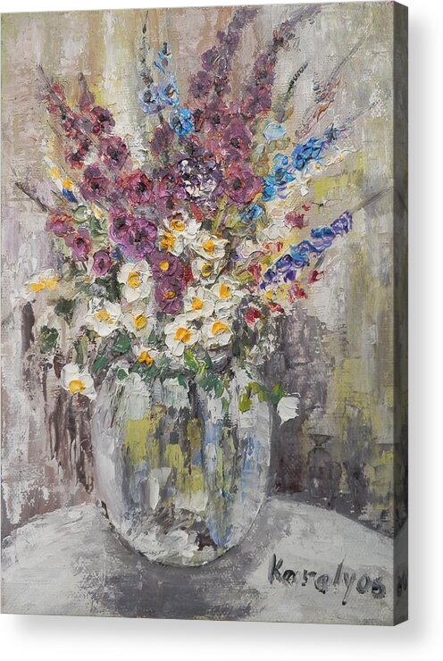 Still Life Acrylic Print featuring the painting Vase with white and purple flowers by Maria Karalyos