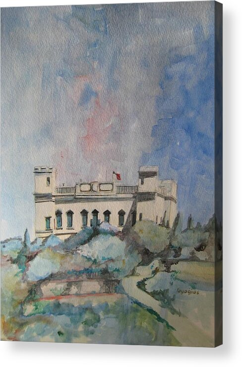 Palace Acrylic Print featuring the painting Verdala from Buskett Garden by Ray Agius