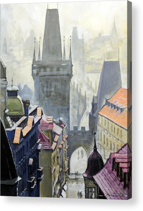Oil On Canvas Acrylic Print featuring the painting View from the Mostecka street in the direction of Charles Bridge by Yuriy Shevchuk