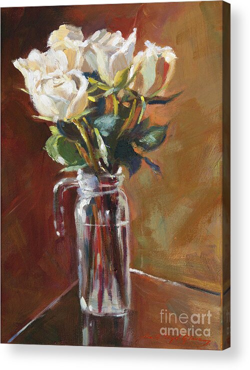 Still Life Acrylic Print featuring the painting White Roses and Glass by David Lloyd Glover