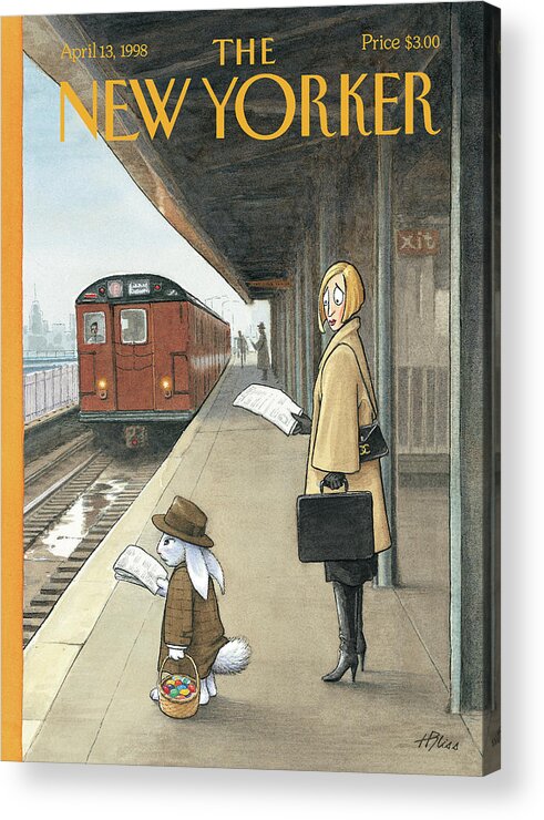 Hbl Harry Bliss Acrylic Print featuring the painting Woman On Train Platform Looking At Easter Bunny by Harry Bliss