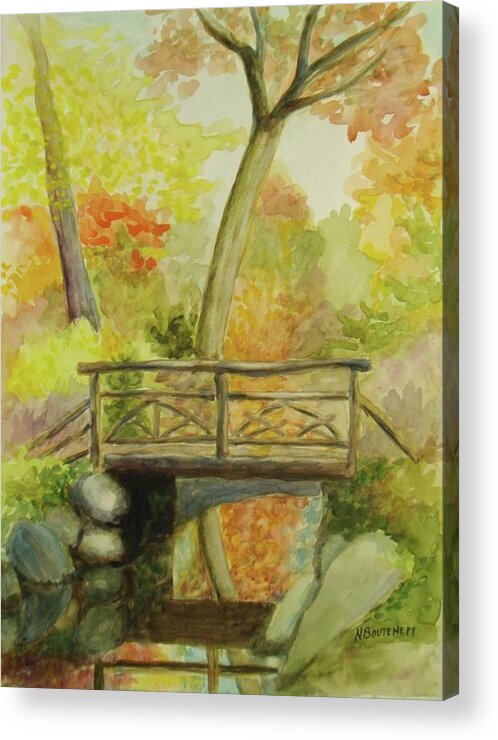 Water Color Acrylic Print featuring the painting Wooden Bridge Central Park by Nicolas Bouteneff
