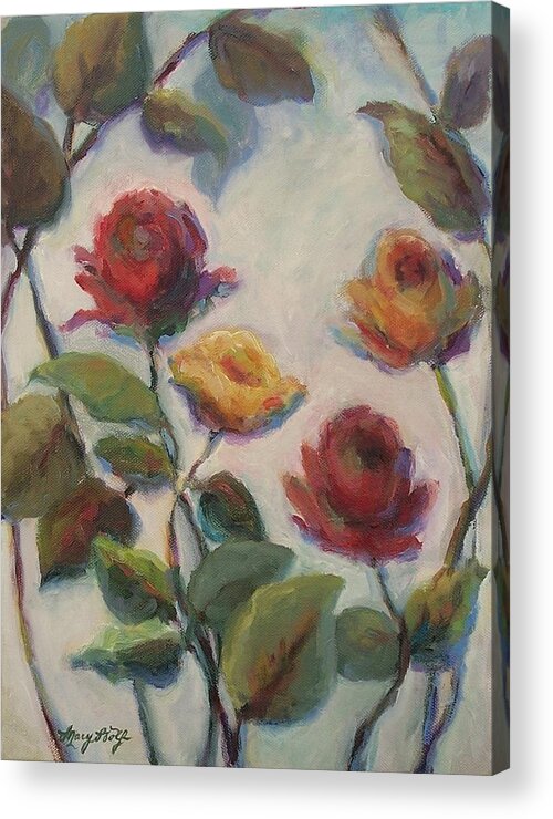 Impressionist Floral Acrylic Print featuring the painting Yellow and Red Roses by Mary Wolf