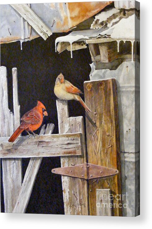 Watercolor. Relistic Acrylic Print featuring the painting A visit to daddy's barn SOLD by Sandy Brindle