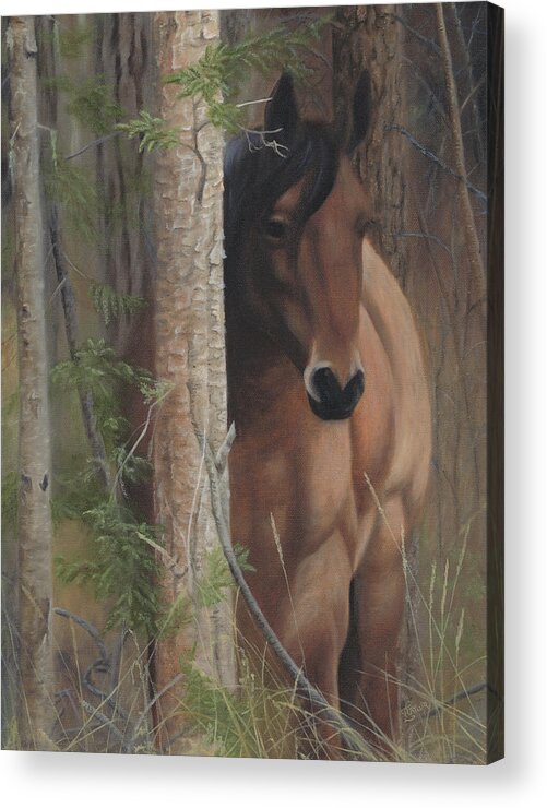 Horse Behind Tree Acrylic Print featuring the painting Bashful by Tammy Taylor