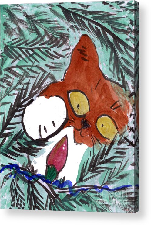 Funny Happy Humor Cute Animal Whimsy Whimsical Pets Christmas “christmas-cat” “christmas Kitten”  Cats Acrylic Print featuring the painting Christmas Tree Light by Ellen Miffitt
