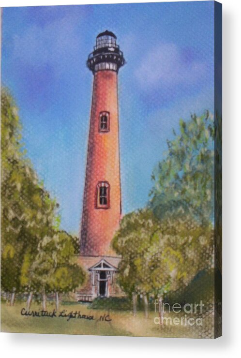 Lighthouse Acrylic Print featuring the pastel Currituck Lighthouse NC by Julie Brugh Riffey