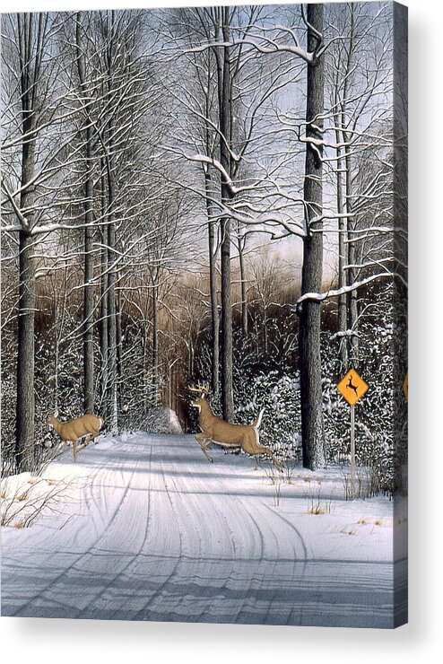 Wooded Landscape Acrylic Print featuring the painting Deer Crossing by Conrad Mieschke