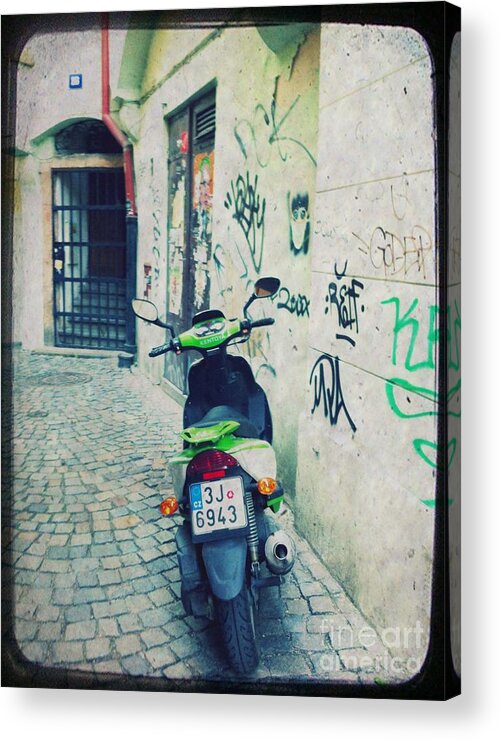 Vespa Acrylic Print featuring the mixed media Green Vespa in Prague by Linda Woods
