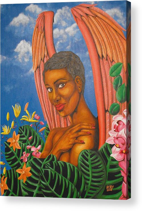 African American Female Angel In Colorful Tropical Setting Acrylic Print featuring the painting Paradise by William Roby