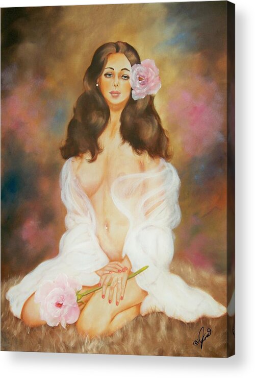 Portrait Acrylic Print featuring the painting Pink Rose Beauty by Joni McPherson