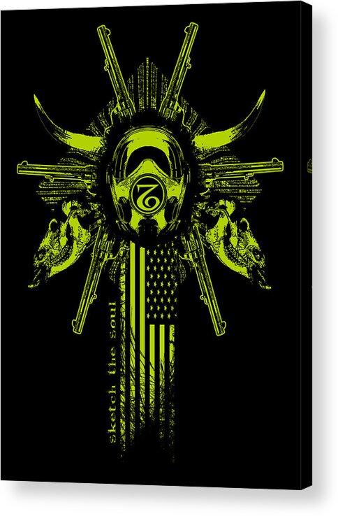 Gas Mask Acrylic Print featuring the mixed media Six Shooter by Tony Koehl