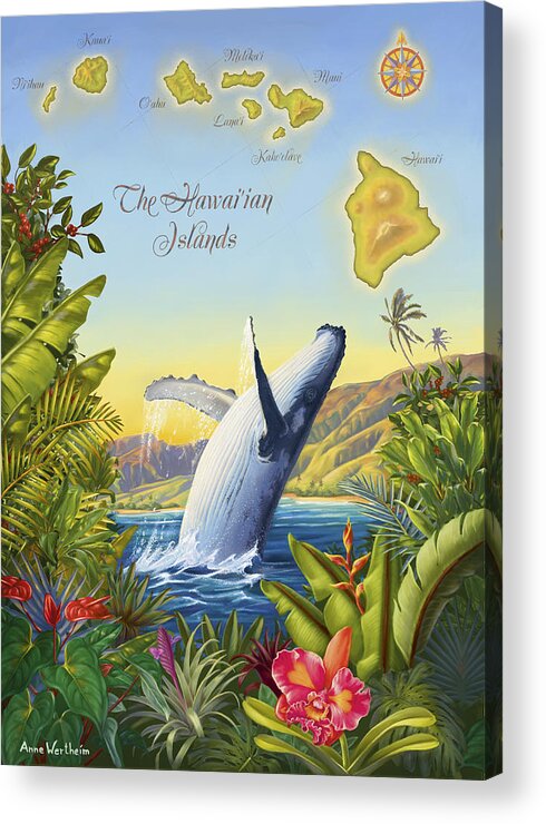 Hawaii Acrylic Print featuring the mixed media Tropical Hawaiian Island Map by Anne Wertheim