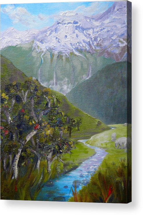 Chinaman\'s Bluff Acrylic Print featuring the painting View of Chinamans Bluff NZ by Sharon Casavant