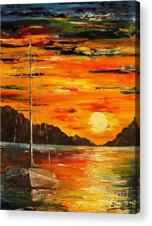 Boat Acrylic Print featuring the painting Waiting for the sunrise by Amalia Suruceanu