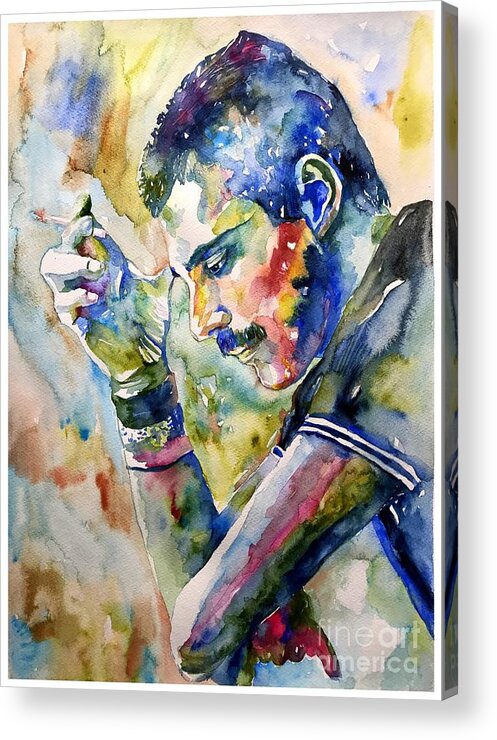 Freddie Acrylic Print featuring the painting Freddie Mercury watercolor by Suzann Sines