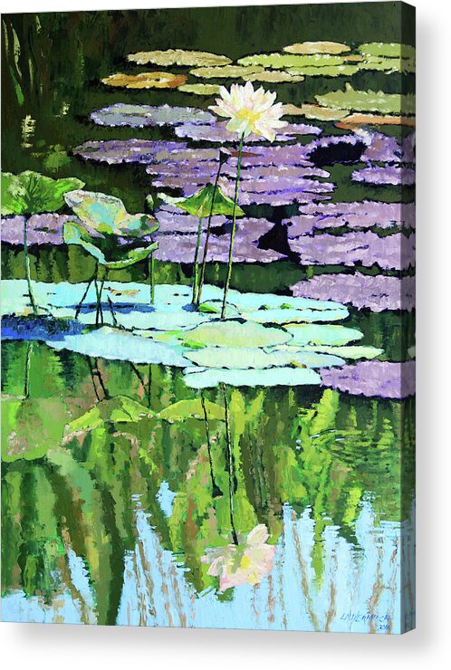 Lotus Acrylic Print featuring the painting Lotus Reflections #1 by John Lautermilch