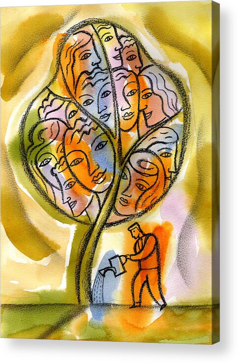 Administration Anticipation Assistance Bureaucracy Care Caring Color Color Image Colour Developing Development Drawing Expectation Female Future Group Grow Growing Growth Illustration Illustration And Painting Large Group Of People Male Man Manager Men And Women Nurture People Person Potential Supervisor Support Supportive Vertical Watering Woman Workforce Acrylic Print featuring the painting Manager #2 by Leon Zernitsky