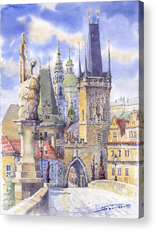 Watercolour Acrylic Print featuring the painting Prague Charles Bridge by Yuriy Shevchuk