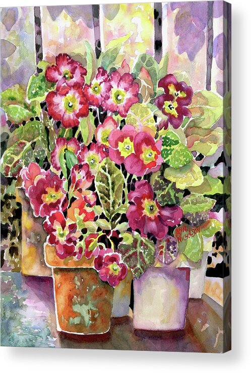 Watercolor Acrylic Print featuring the painting Primroses In Pots #1 by Ann Nicholson